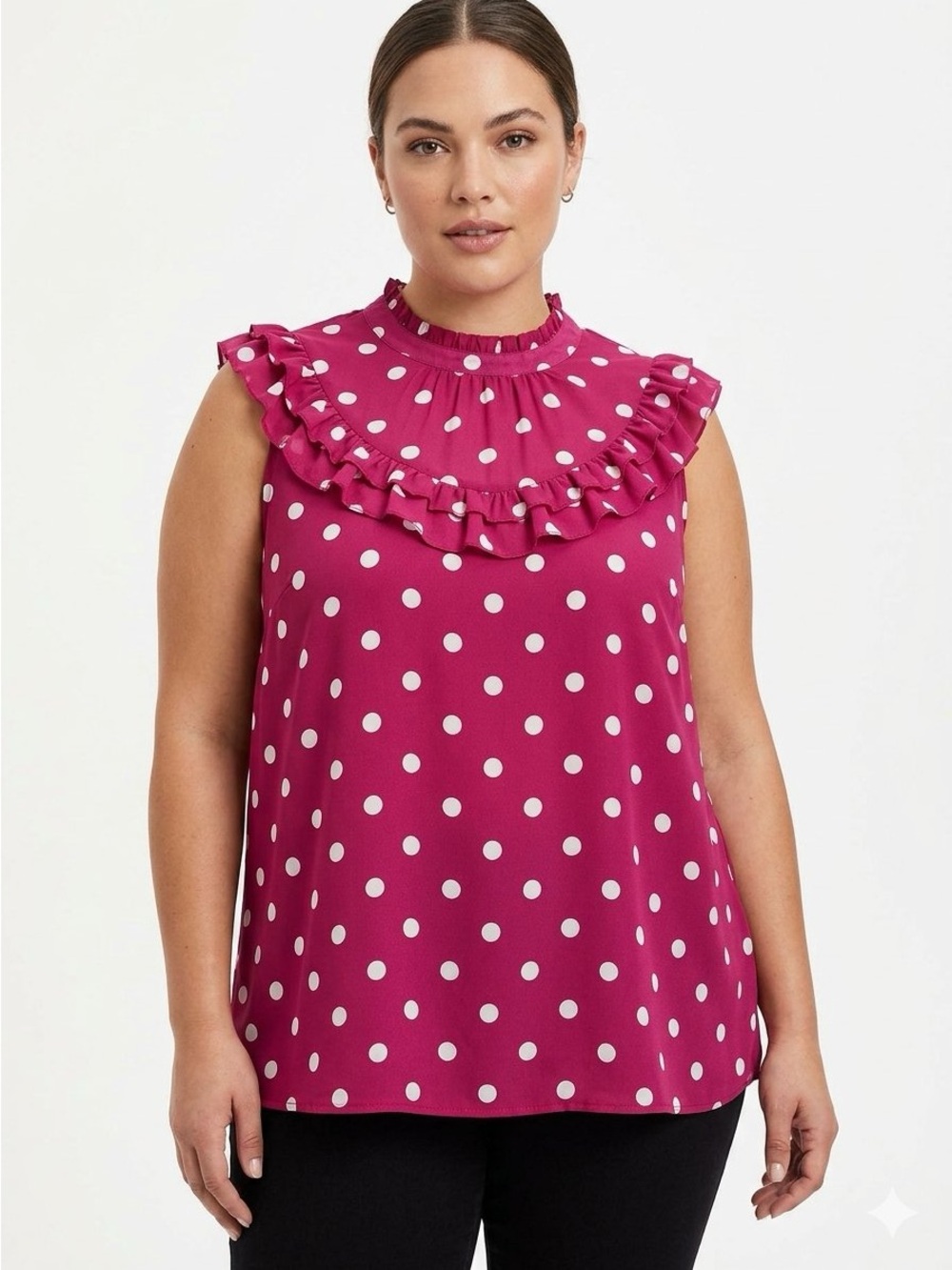 torrid Fuchsia Polka Dot Ruffle Sleeveless Blouse